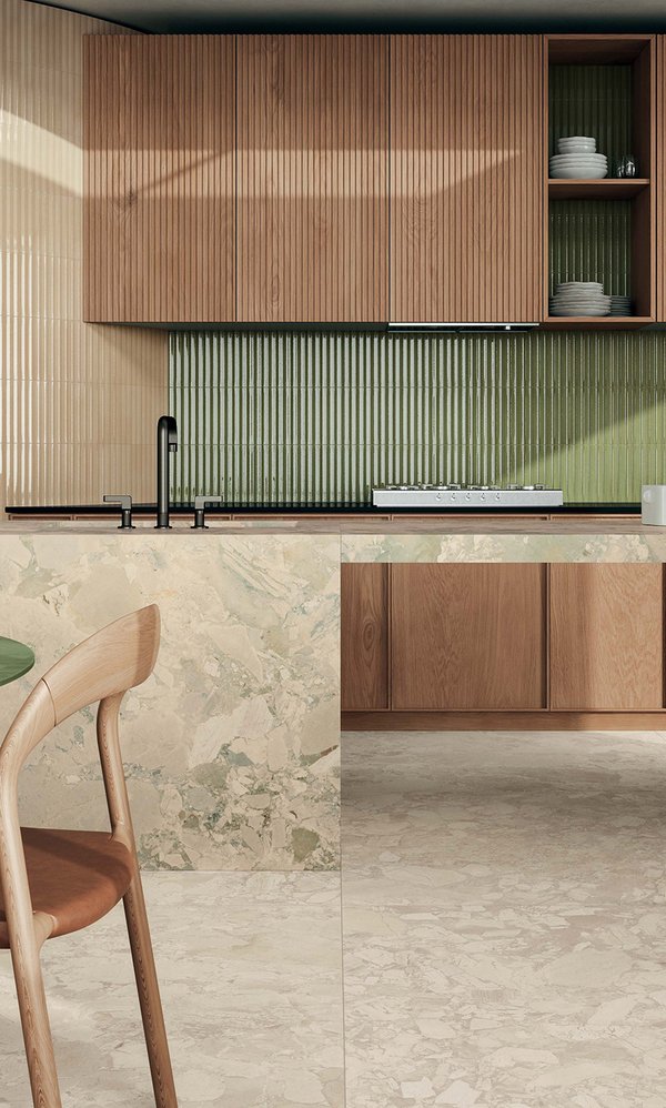 Bar in stile moderno con rivestimento effetto brick realizzato con collezione Marca Corona Miniature Rima Amanita e Caramello