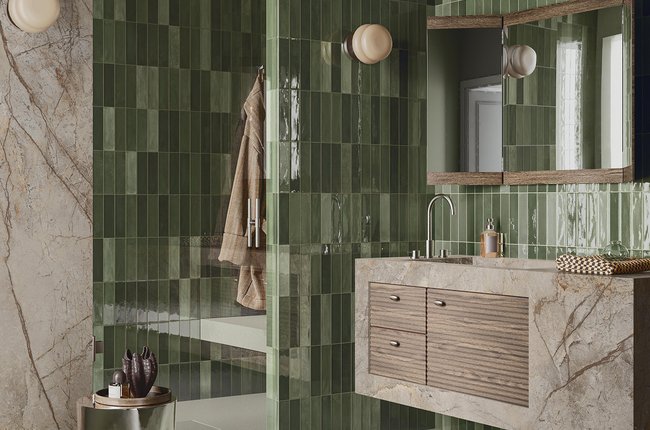 Bathroom with glossy green tiles