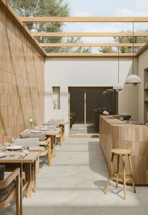 Restaurant avec revêtements en carreaux chauds