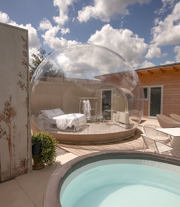 Atmosfera Bubble Glamping Progetto realizzato in Italia con le collezioni Miniature Soda, Multiforme Dune, Terracreta